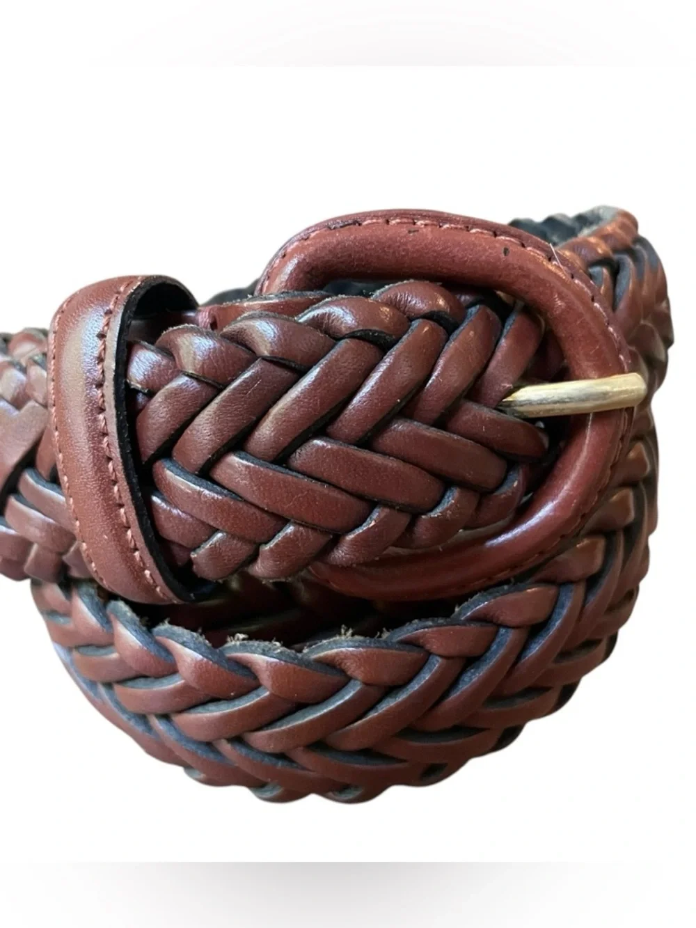 Braided Leather Belt Covered Buckle Cognac Brown Sz 40 Classic Boho Adjustable